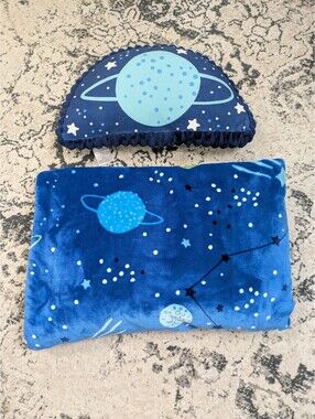 Little Miracles Baby Space Sherpa Blanket and Pillow Decorative Plush in Blue
